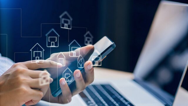 A businessman's hand holds a digital laptop displaying a virtual social network connection to the world