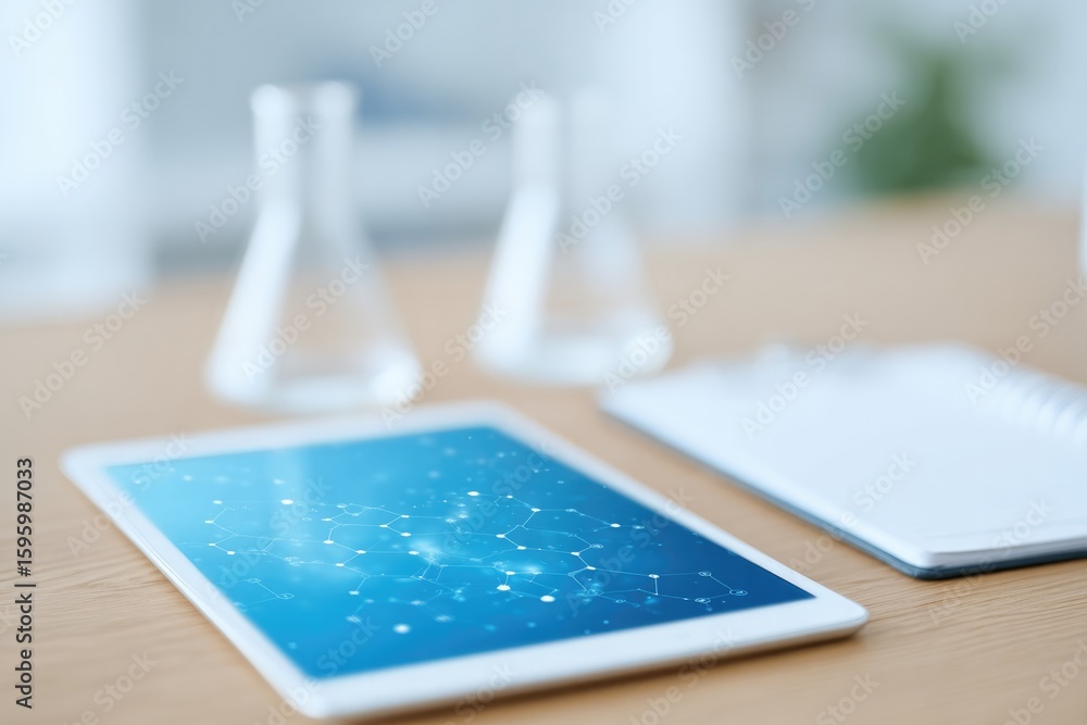 Poster flat-lay of digital tablet with cell signaling animation cell culture flask and notes