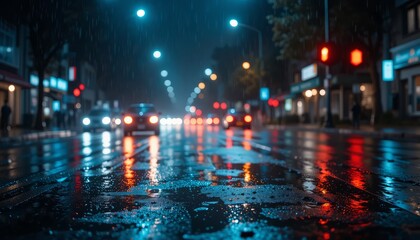 Obraz premium Rainy city street at night with cars, reflections, and neon lights in urban downtown nightlife scene