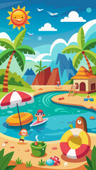 Obraz premium Vibrant cartoon illustration of a tropical paradise with a sandy beach palm trees and people enjoying summer vacation activities