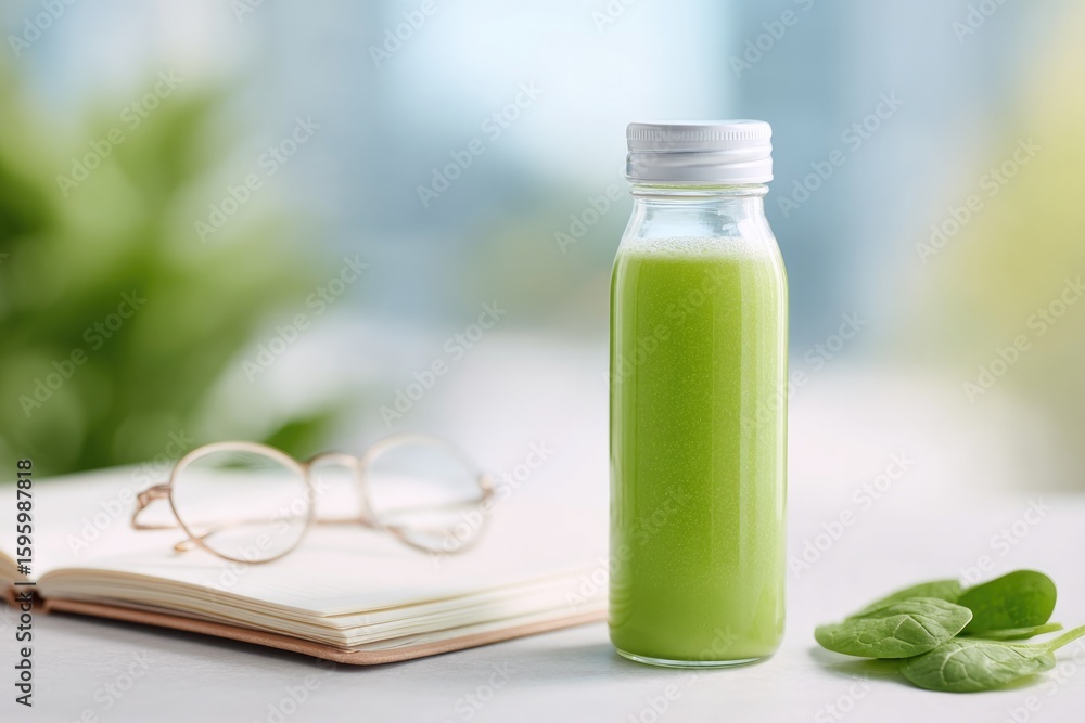 Poster flat-lay of green smoothie bottle spinach and eyeglass case on desk near open notebook