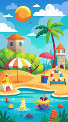 Fototapeta premium Vibrant cartoon beach scene with a lighthouse palm tree umbrellas and a boat on a sunny day