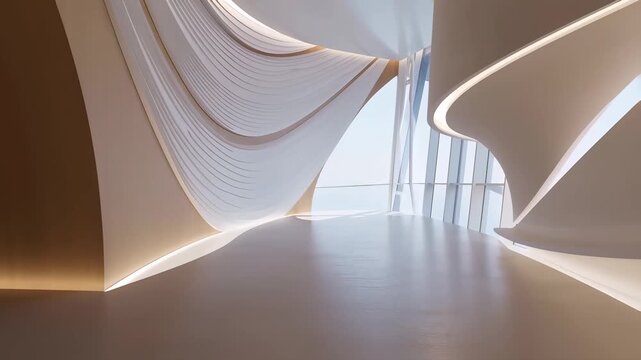 Camera Glide Through a Modern Conference Space Showcasing Unique Architectural Design and Ambient Lighting Effects