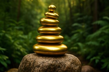 Obraz premium Golden balancing stones resting on rock in peaceful forest