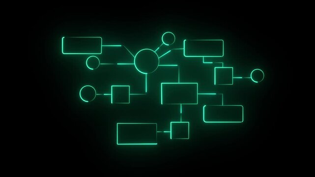 Management of organization mind map with glowing neon line on blue and red color and black background video animation .