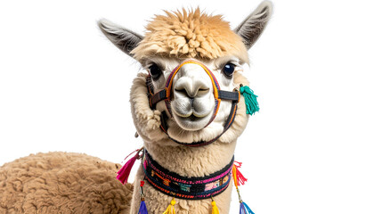 Close-up portrait of alpaca with colorful harness isolated on transparent background.