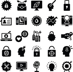 Diverse Security, Technology & Innovation Icon Set: Comprehensive Vector Glyphs for Digital Protection, Creative Thinking, and Data Management Concepts.