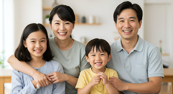 Happy asian family smiling together, portrait of cheerful parents with children - Powered by Adobe
