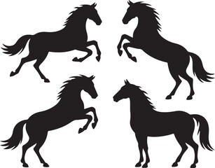 Four Black Horse Silhouettes Galloping and Rearing horses white