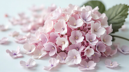 Obraz premium Delicate pink hydrangea blossom with soft petals, a serene botanical still life