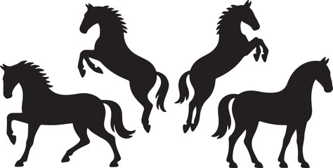 Four black horses in motion on a white background silhouette rearing