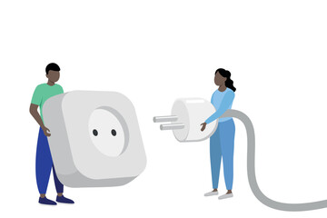 The guy holds a huge socket in his hands and the girl holds a plug, flat style, minimalism, isolate on white, compatibility test
