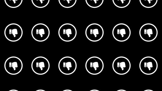 A seamless loop pattern of white thumbs-down on a black background. The dislike marks smoothly and repeatedly change size and move up and down. Representing the SNS dislikes and negative feedback