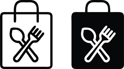 Food Delivery Bag Icons with Spoon and Fork in Black and White for Restaurant and Takeout Design