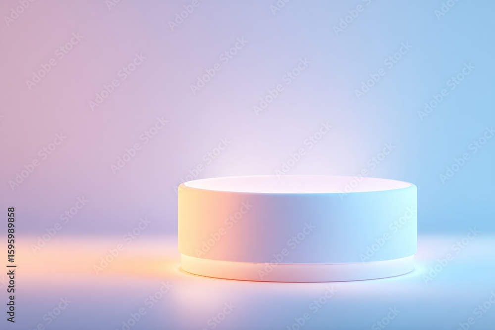 Poster gradient backdrop behind smooth circular podium in soft pastel tones illuminated from below with stu