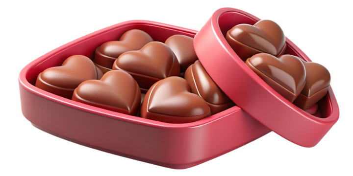 Heart shaped chocolates in a pink box isolated on transparent background