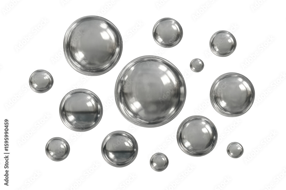 Poster realistic silver spheres floating on a transparent background, creating a modern and elegant visual