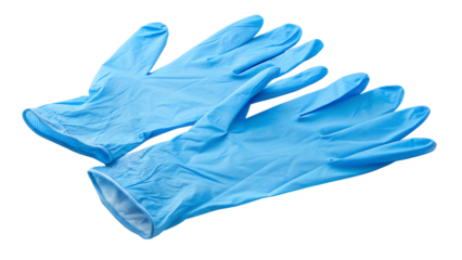 A pair of blue surgical gloves isolated on transparent background, essential for medical and hygiene protection