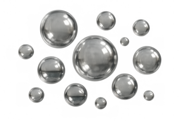 Realistic silver spheres floating on a transparent background, creating a modern and elegant visual