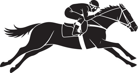Black silhouette of a jockey riding a galloping horse racing sport