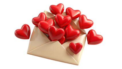 Envelope overflowing with red hearts isolated on transparent background