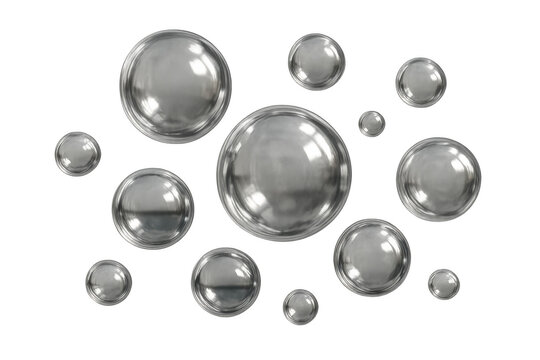 Realistic silver spheres floating on a transparent background, creating a modern and elegant visual