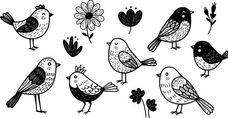 set of Vector illustration in simple hand drawn naive and linocut style - natural print, poster or logo design template - spring illustration - birds
on white background