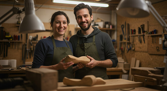 Portrait of cheerful shoemakers showcasing wooden shoe lasts in their workshop - Powered by Adobe