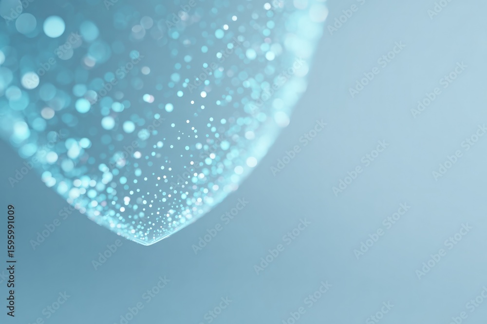 Poster minimalist dotted shield dissolving into glowing points along one edge on clean pastel backdrop