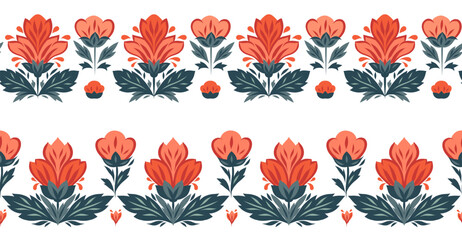 Vector set of seamless borders with decorative flowers. Collection of friezes with stylized red flowers. Floral horizontal borders for brushes, dividers and picture frame