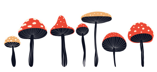 Vector set of stylized fly agarics. Collection of drawn magic amanita mushrooms for postcards, book illustrations, stickers.