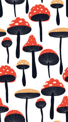 Vector seamless pattern with stylized fly agarics on white background. Texture with drawn magic amanita mushrooms for wallpaper, fabric and wrapper