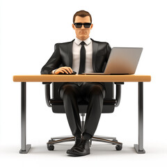 3D businessman sitting at a desk with a laptop isolated on white background

