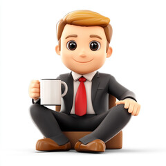 3D businessman taking a break with a coffee mug isolated on white background

