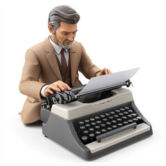 3D businessman using a vintage typewriter isolated on white background

