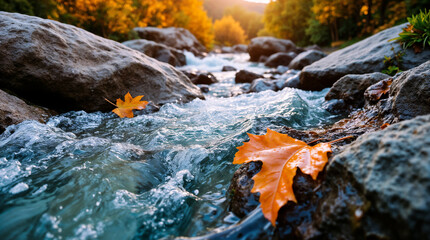 Crystal clear mountain stream flowing over smooth river rocks with autumn leaves creating color accents, close-up nature photography.