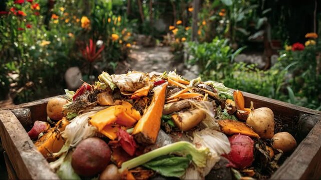 Compost pile with various organic waste in a lush garden setting  