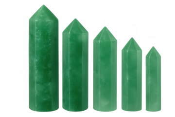 Five polished green aventurine crystals of different sizes standing upright on a transparent background, creating a visually appealing arrangement