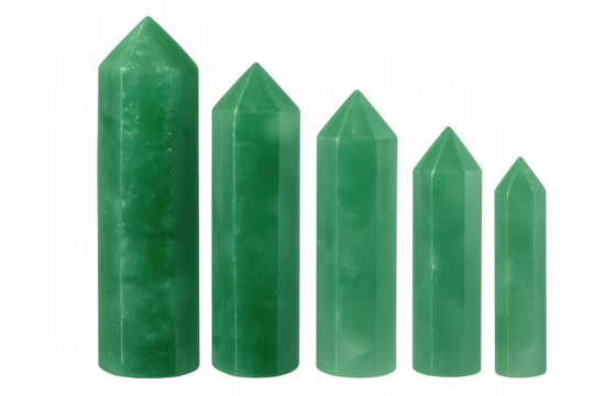 Five polished green aventurine crystals of different sizes standing upright on a transparent background, creating a visually appealing arrangement