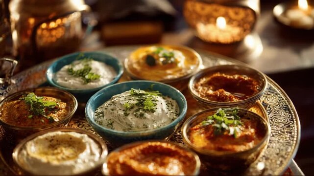 Assorted Middle Eastern dips served on a decorative platter  