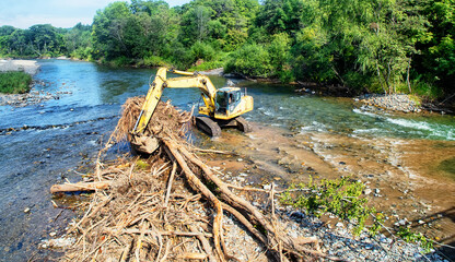 Universal excavator capabilities. An excavator removes trees from the riverbank, where they got...
