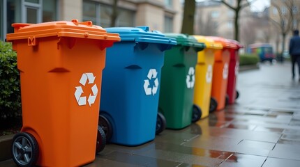 Colorful recycling bins lined up on a wet city sidewalk. Concept of waste separation, recycling, and environmental sustainability. Urban background.