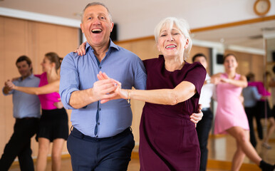 Active elderly pair practicing Latino dance in training hall during dancing-classes. Pairs training...