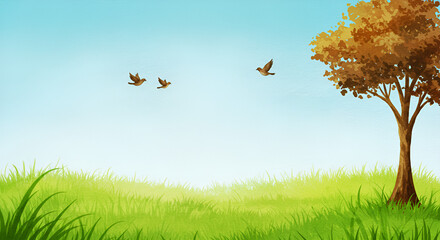 Tranquil scene featuring birds in flight over a grassy meadow with a tree