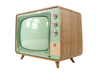 A vintage television set with a light green screen and a wooden cabinet on a black background
