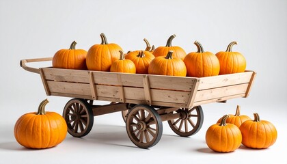 A rustic wooden cart brimming with bright orange pumpkins sits on a smooth surface, surrounded by a few scattered pumpkins, evoking a cozy autumn harvest scene