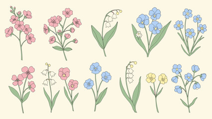 Set of Cute Hand Drawn Spring Flowers: Lily of the Valley, Forget-Me-Not, and Pink Blossoms © mest selda blessun