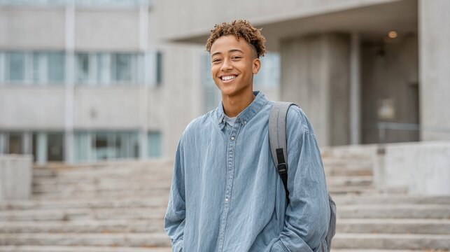 Young man smiles while standing on university steps during the day showcasing a casual look and confident demeanor - Powered by Adobe