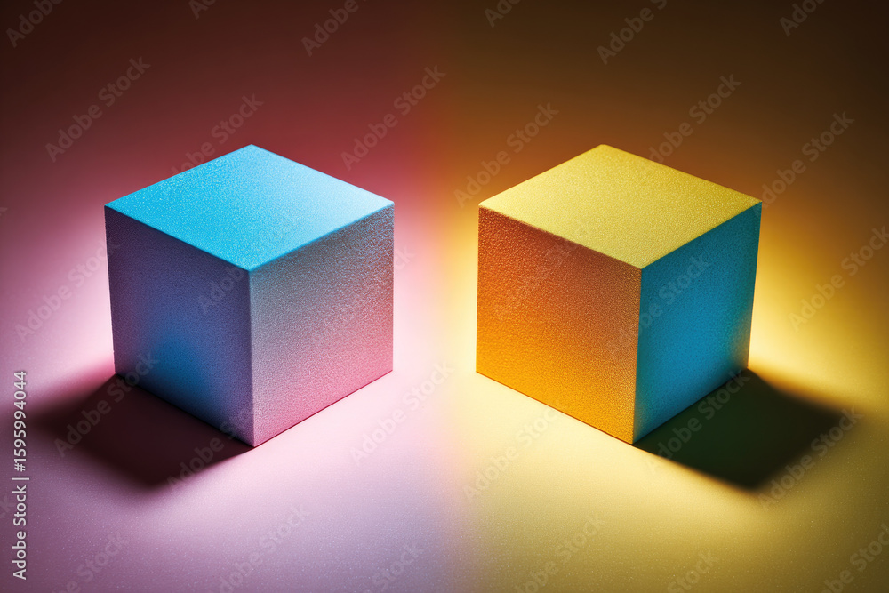 Poster colorful geometric cubes with textured surfaces illuminated by dual colored lighting, casting dramat