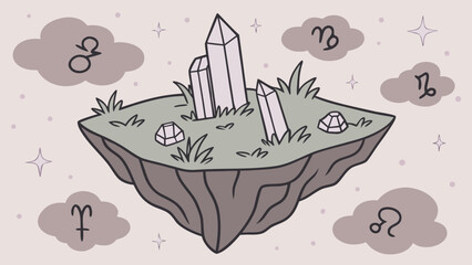 Vector art of a cartoon illustration of a floating island with crystals and zodiac signs